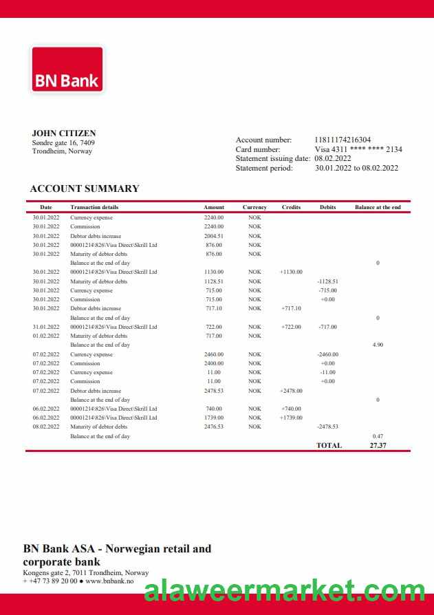 Norway BN Bank statement